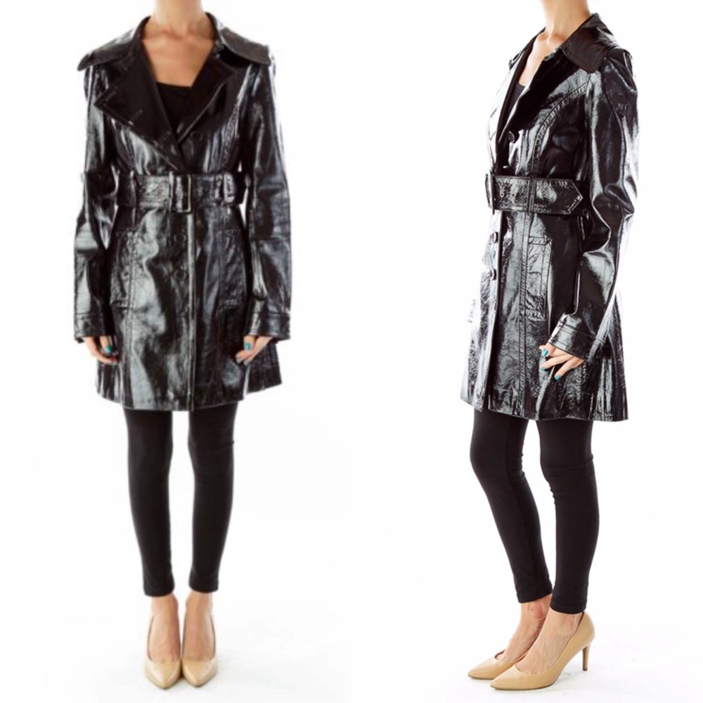 Like new Arden B Shiny Black PU Belted Trench Sm